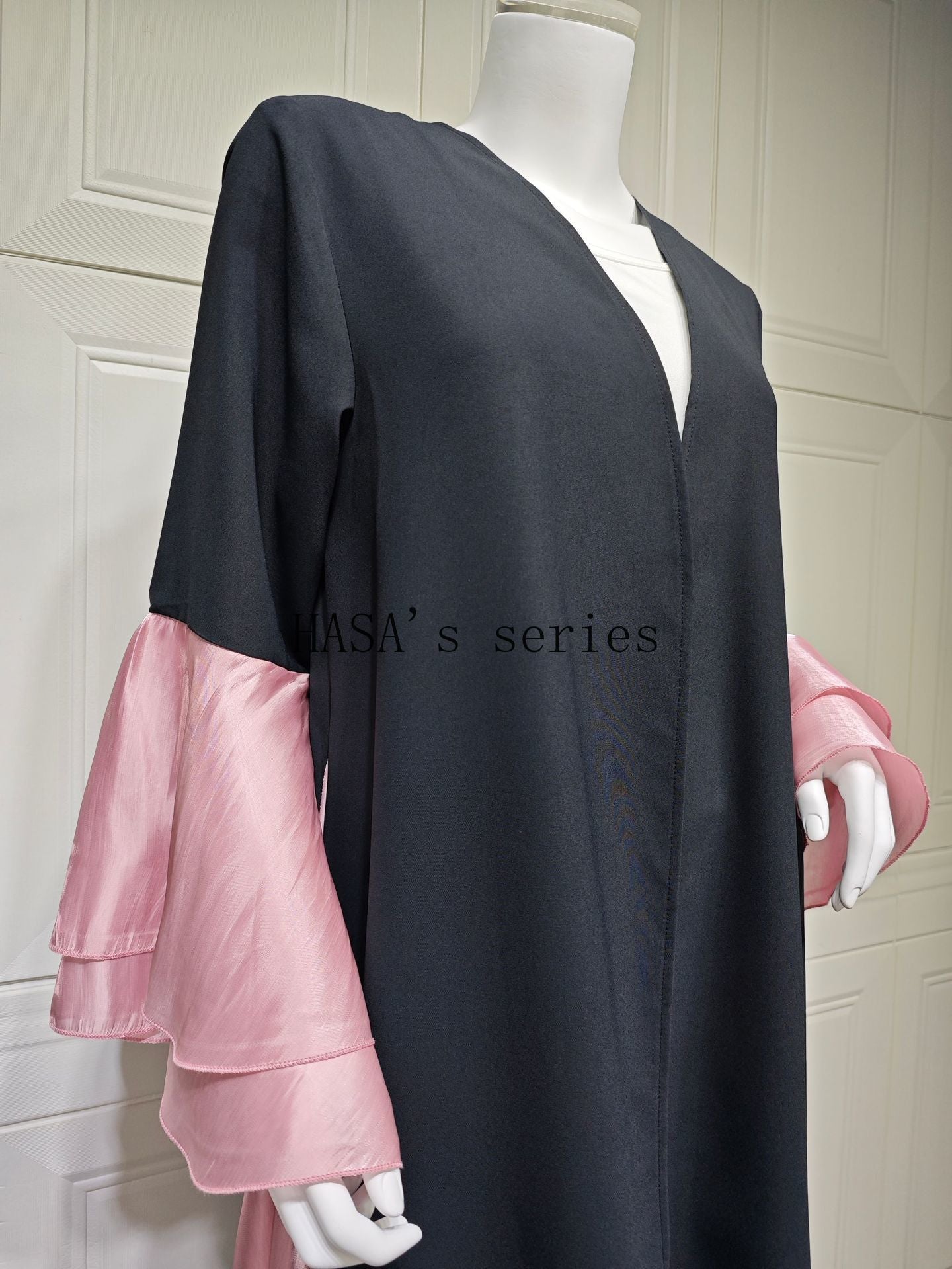 LUMAYA5106 A Soft and Elegant Long Satin Dress with Classic Design and Ruffled Sleeves.