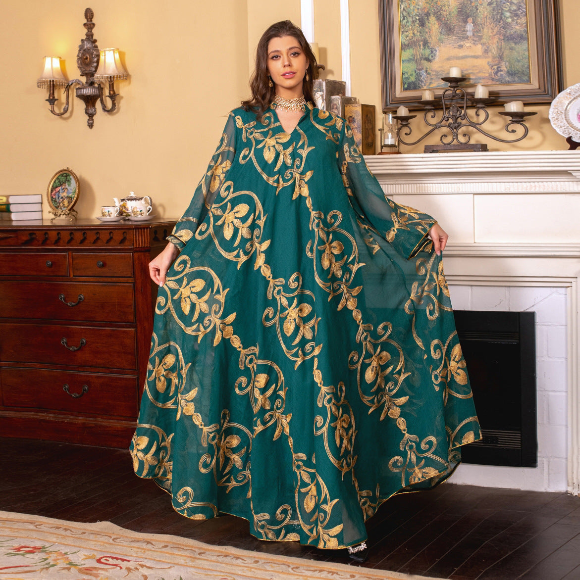 LM6650 Mesh Embroidered Maxi Dress - Elegant and Stylish