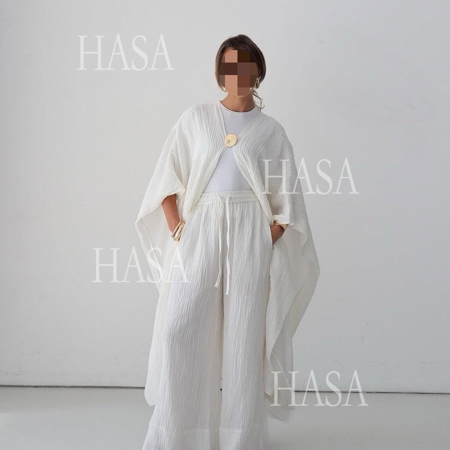 LUMAYA6486 Simple Cardigan with Wide-leg Pants, Solid Color Daily Two-piece Suit