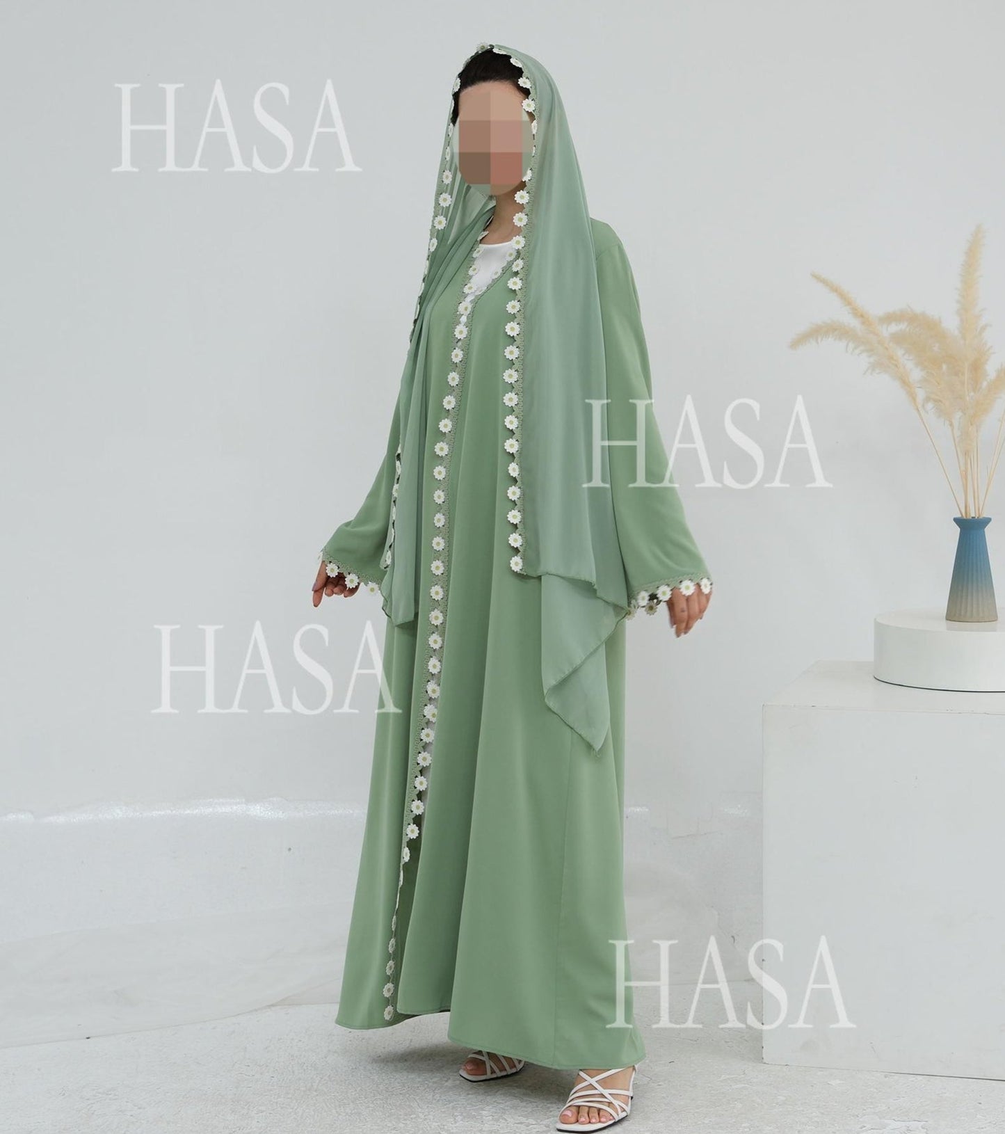 LM6616 Green Flower Stitching Cardigan Two-Piece Set (Including Headscarf)