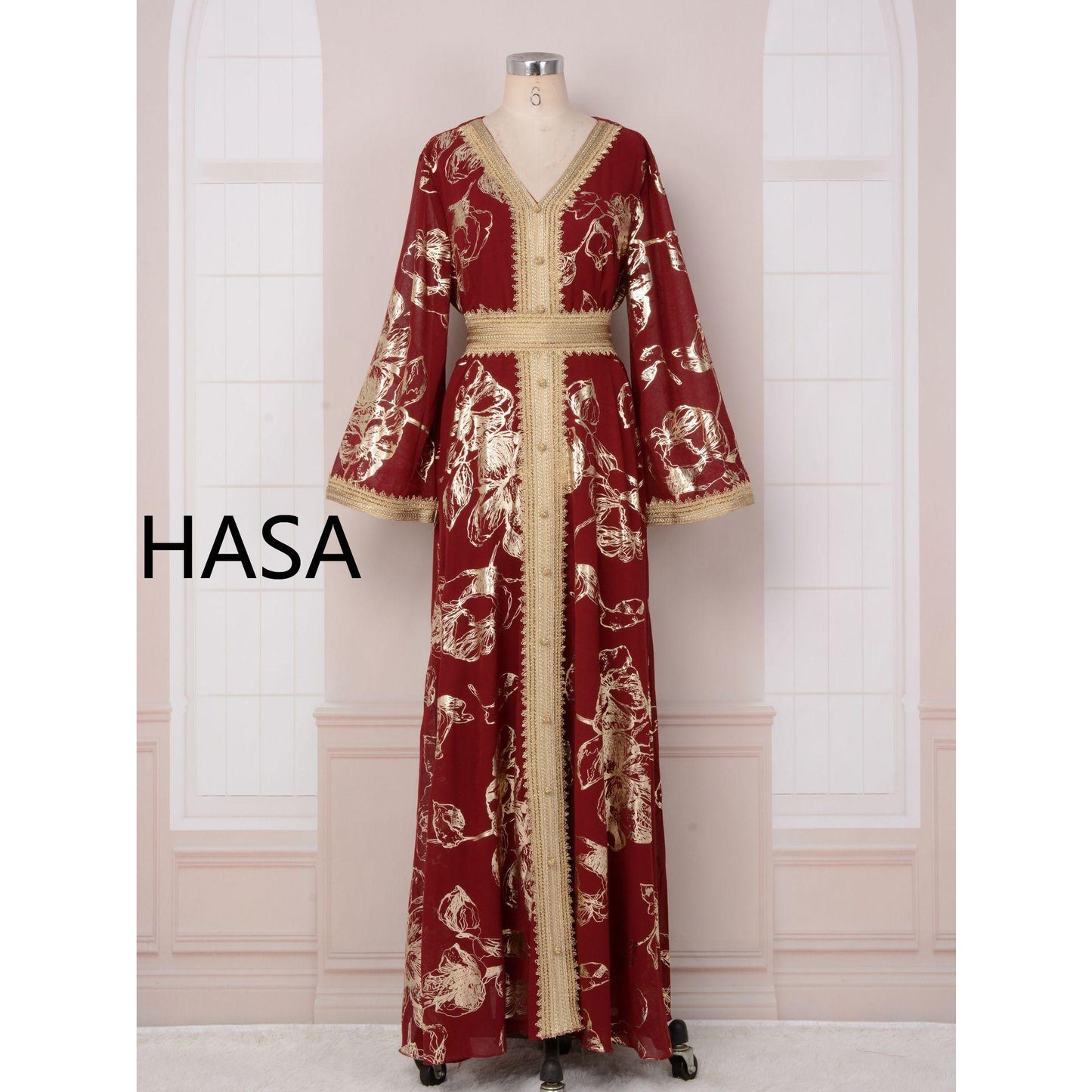 LM1249 Elegant Floral Abaya with Golden Detailing