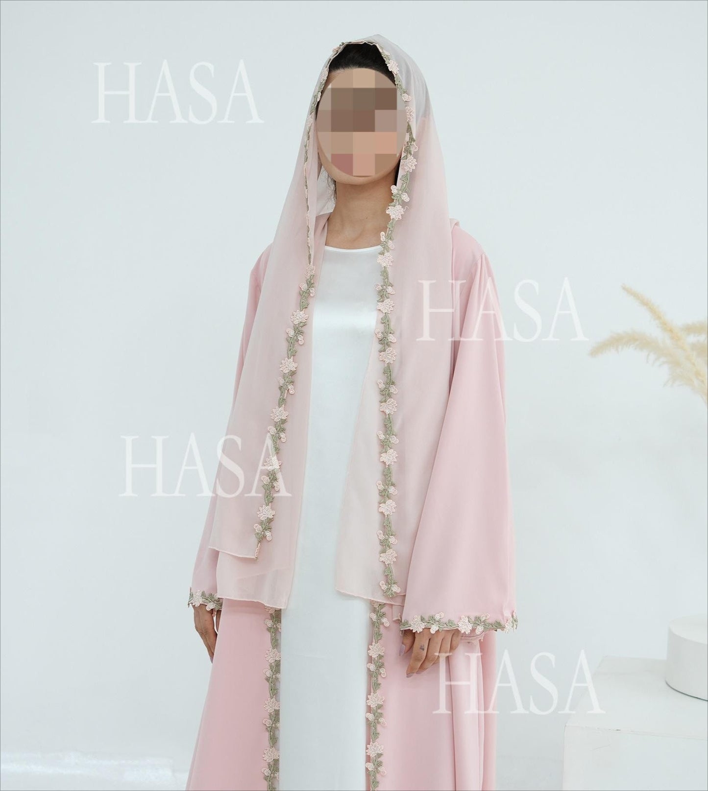 LM6618 Pink Flower Stitching Cardigan Two-Piece Set (Including Headscarf)