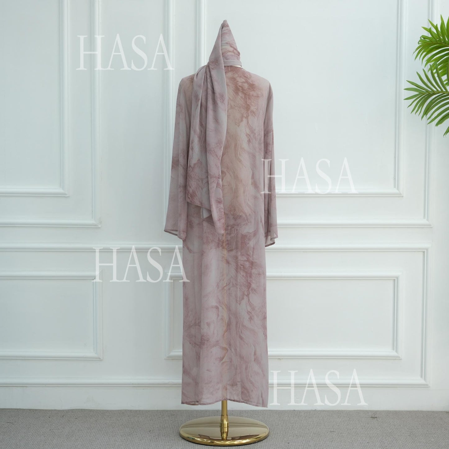LUMAYA6551 Printed Abaya Cardigan with Matching Scarf Two-Piece Set