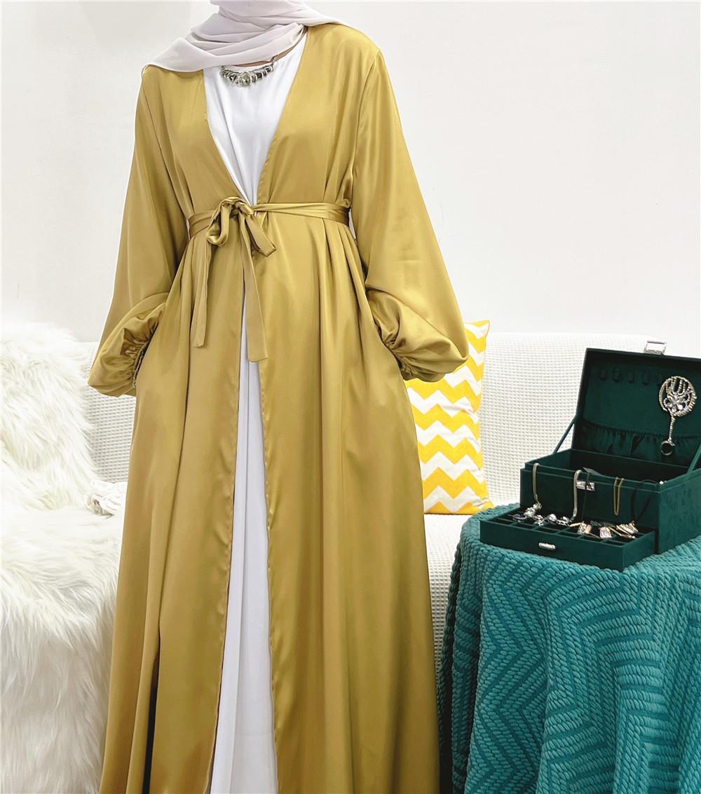 LUMAYA0481 Solid Color Satin Coat Robe Open Abaya