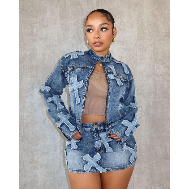 LUMAYA6391 Primavera Nuovo Set Gonna in Denim Set Giacca Gonna Ricamata in Denim