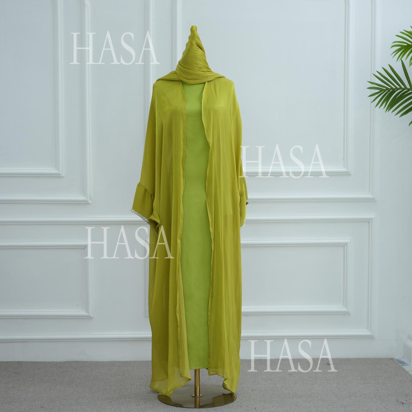 LUMAYA6553  Two-Piece Solid Abaya with Beaded Details and Matching Scarf Option