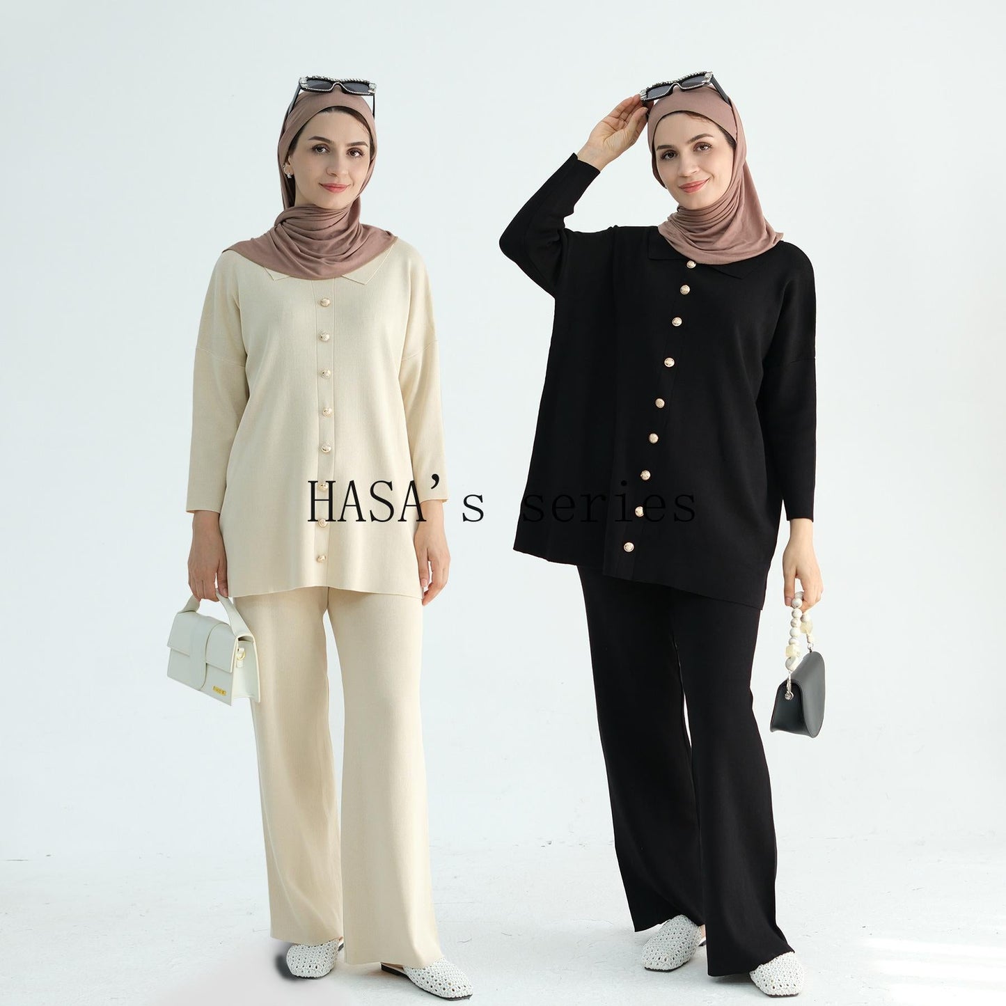 LUMAYA5100 Simple and stylish knitted two-piece set, featuring a thickened long-sleeved top and wide-leg pants.