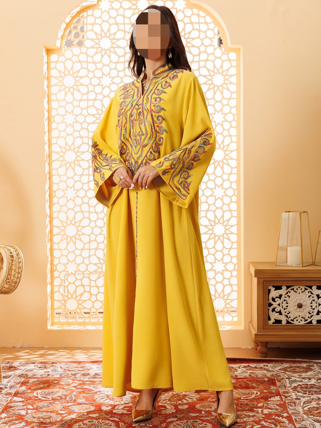 LM6669 Pullover Embroidered Robe Dress with Simple Long Sleeves