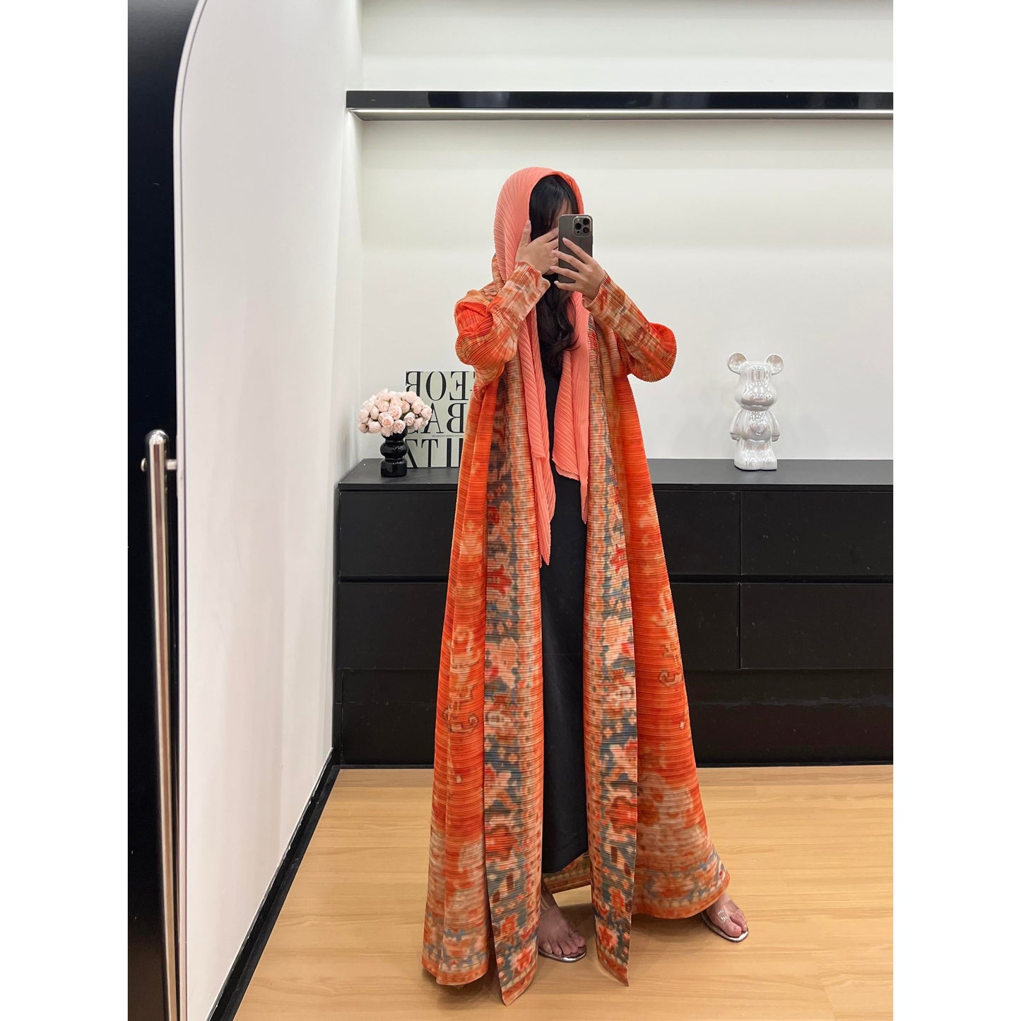 LUMAYASASERIES LUMAYA6714 Desert Bloom Vibrant Orange Abaya with Floral Prints