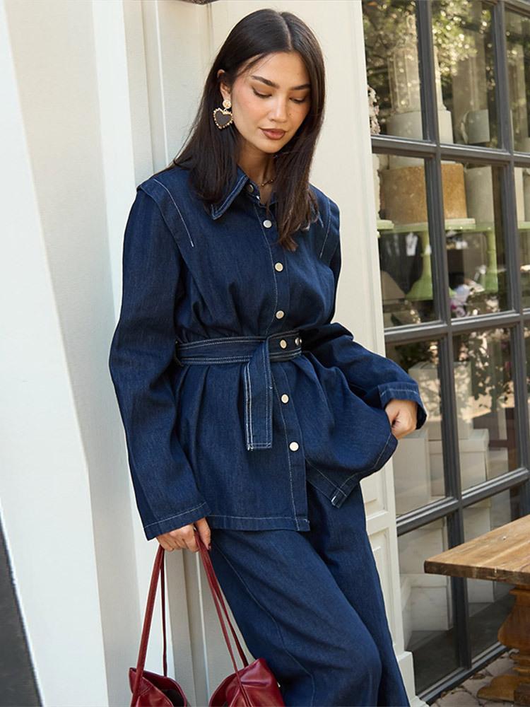 LM5890 Completo in Denim Lavato Primaverile Per Donne Con Cintura, Giacca Monopetto A Maniche Lunghe E Pantaloni A Vita Alta