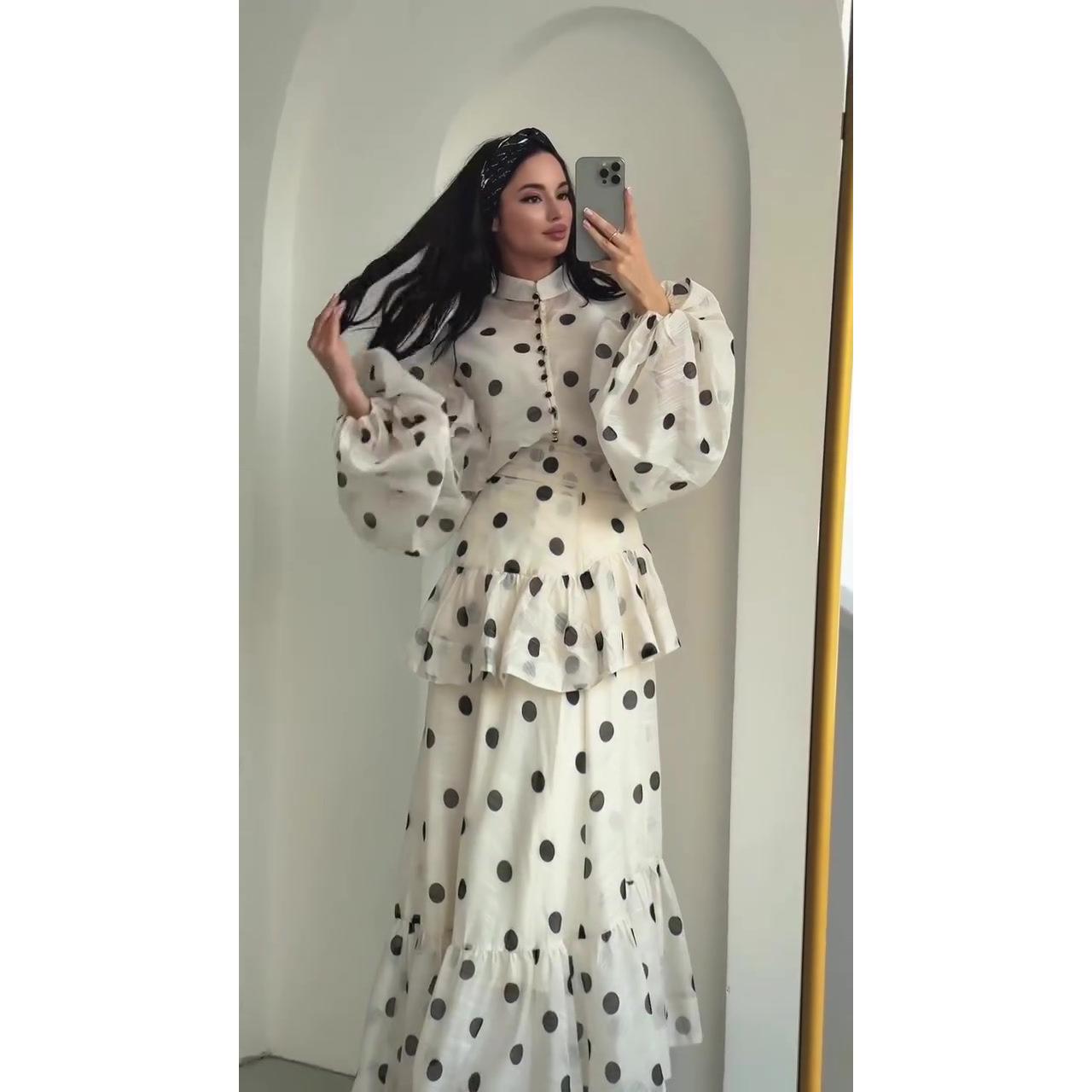 LUMAYA6732 Vintage Polka Dot Co-ord Set Puff Sleeve Blouse & Long Ruffle Skirt Outfit