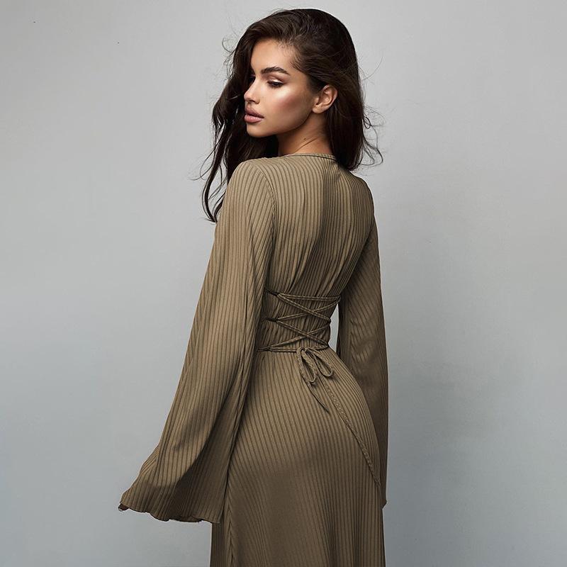 LUMAYA LUMAYA0676 Flared Long Sleeved High Waist Maxi Skirt with Lace-up Back