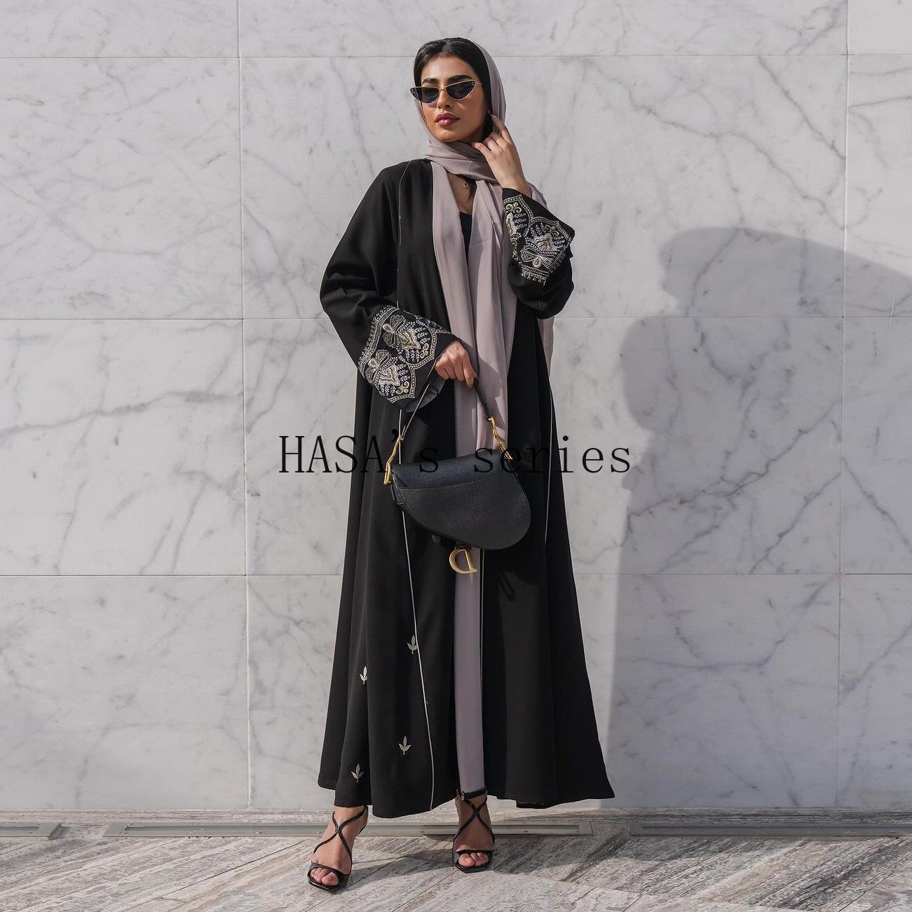 LUMAYA5090 Classic black embroidered patchwork robe, designed as a loose, open-front dress.