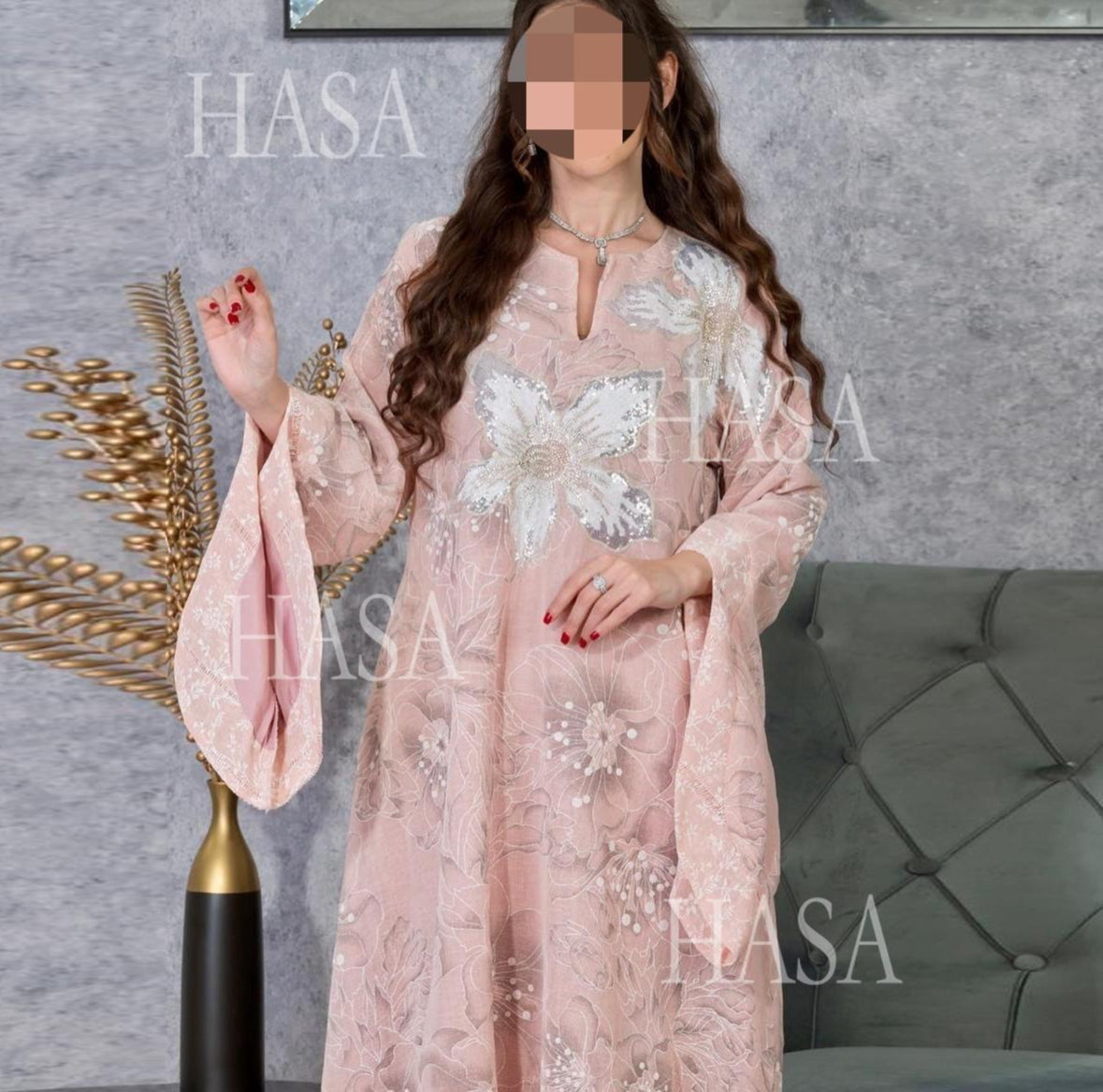 LM6639 Floral Appliqué Embroidered Long Dress