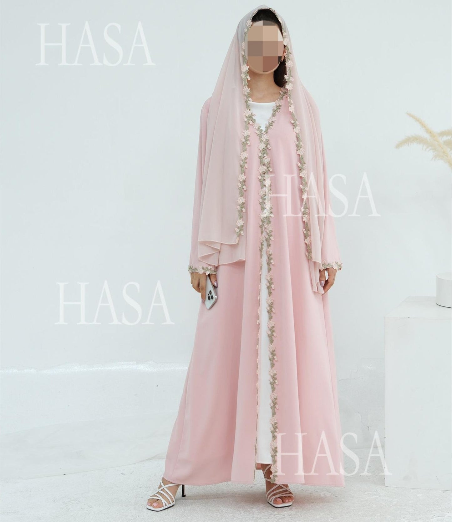 LM6618 Pink Flower Stitching Cardigan Two-Piece Set (Including Headscarf)