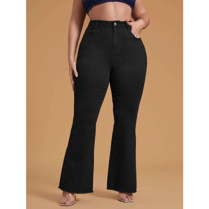 LUMAYA2331 Plus Size Black Stretchy Frayed-hem Wide-leg Flare Jeans