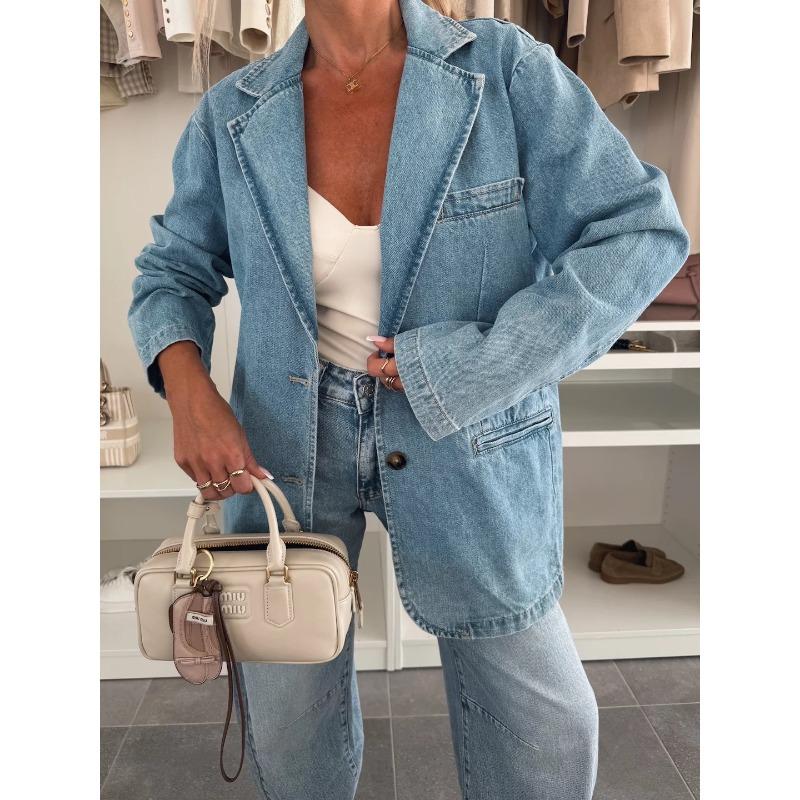 LM6181 Fashionable Casual Loose Washed Blue Denim Women's Blazer