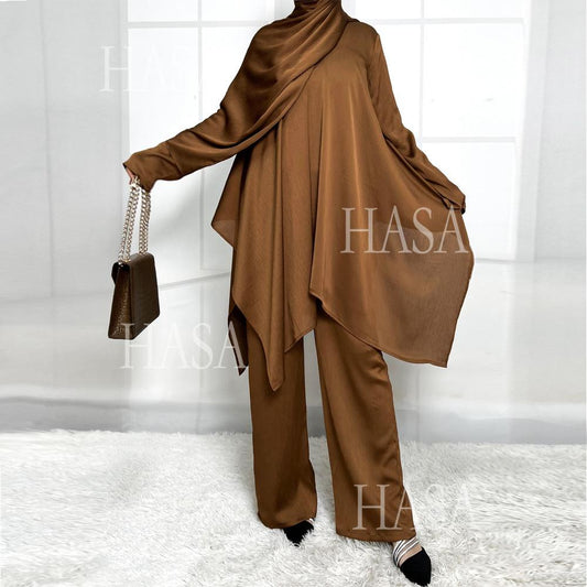 LUMAYA5854 High-end crepe linen two-piece robe, irregular design shows fashion(Headband not included)