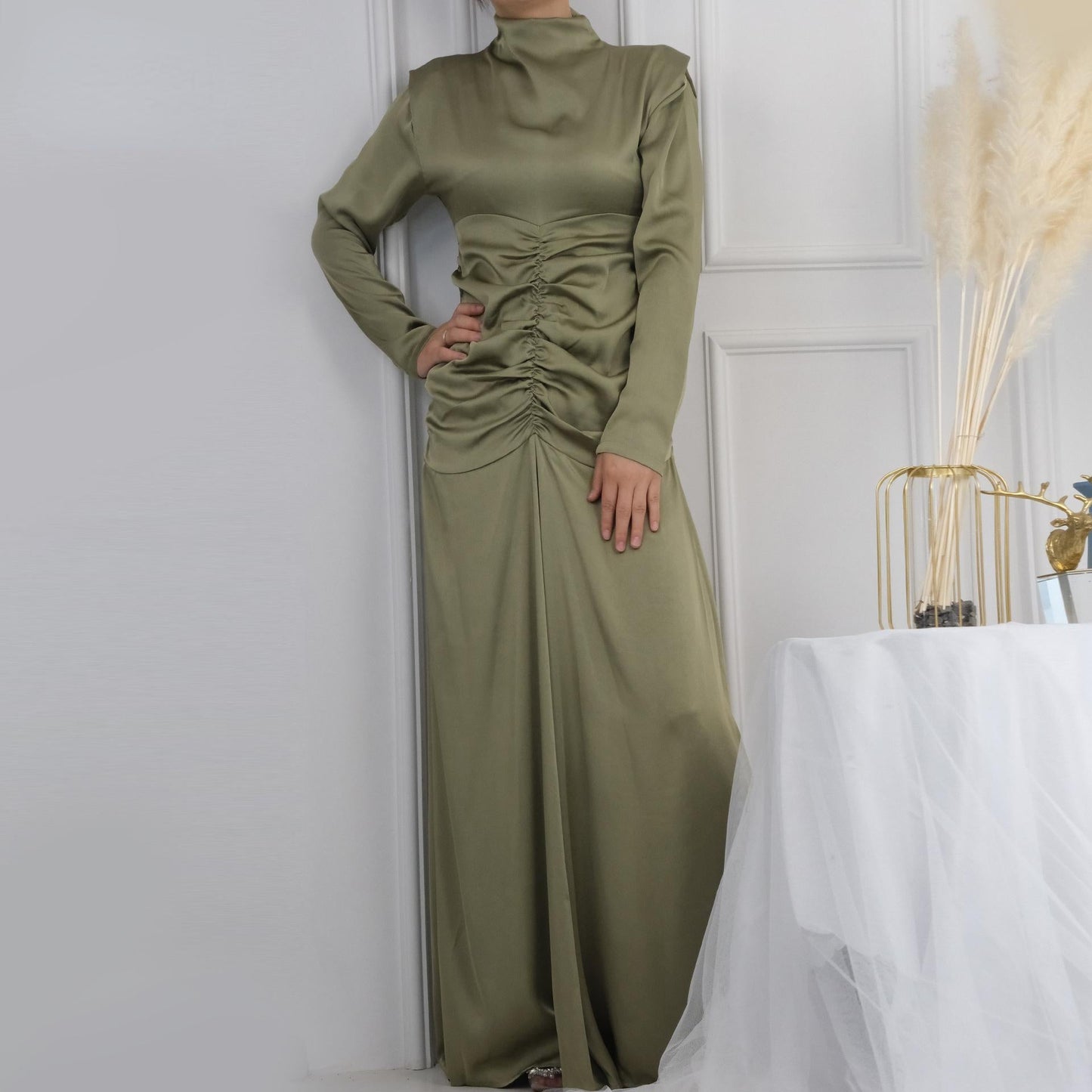 LUMAYA LUMAYA1020 Solid Color High Neck Slimming Robe Dress