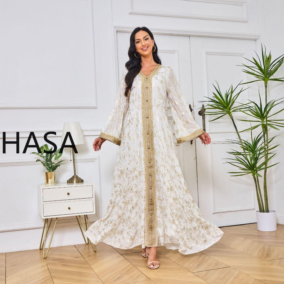 LM1249 Elegant Floral Abaya with Golden Detailing