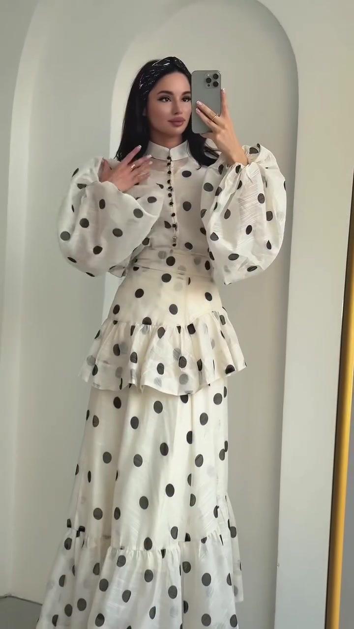 LUMAYA6732 Vintage Polka Dot Co-ord Set Puff Sleeve Blouse & Long Ruffle Skirt Outfit