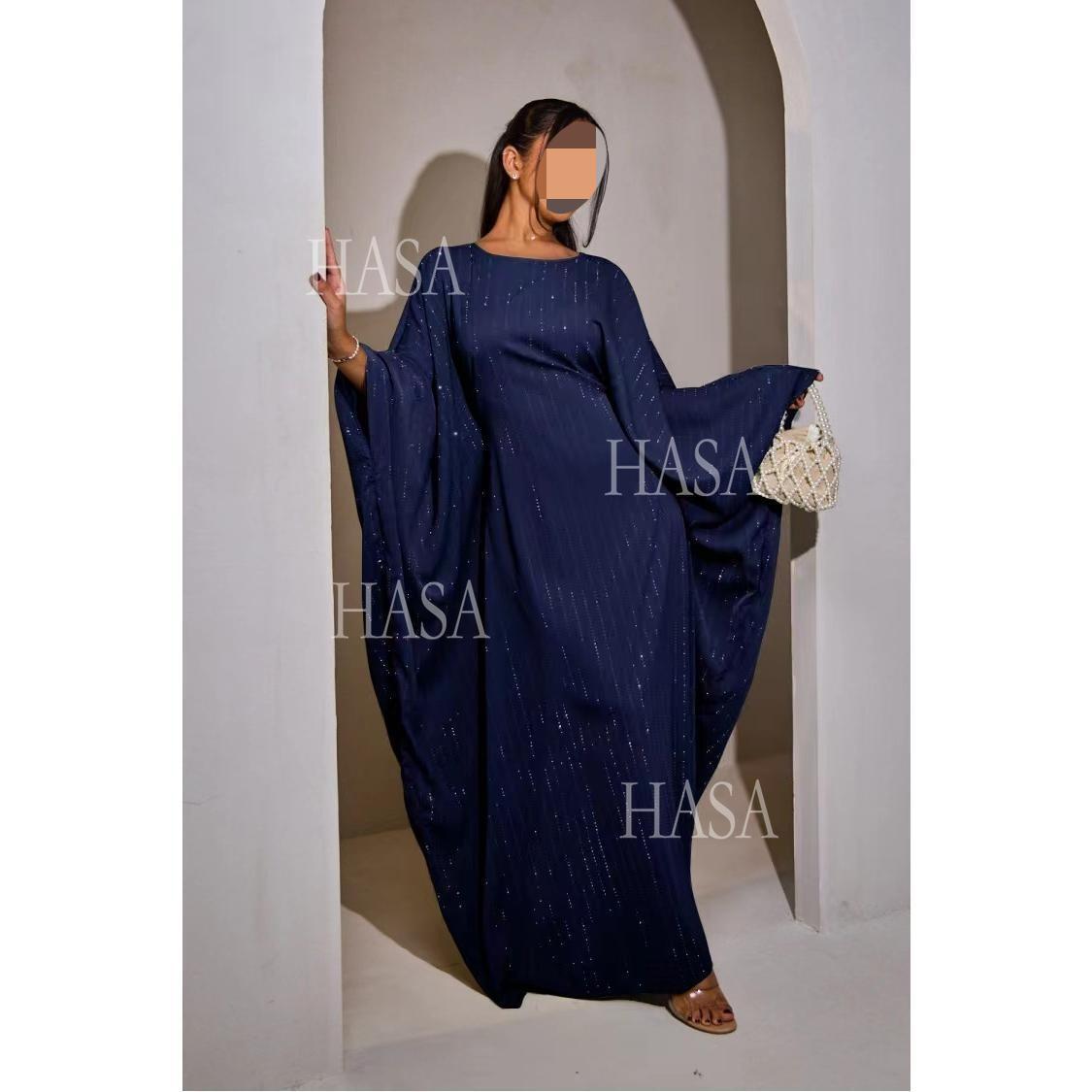 LUMAYA6483 Drape Rhinestone Gown with Simple Wide Sleeves