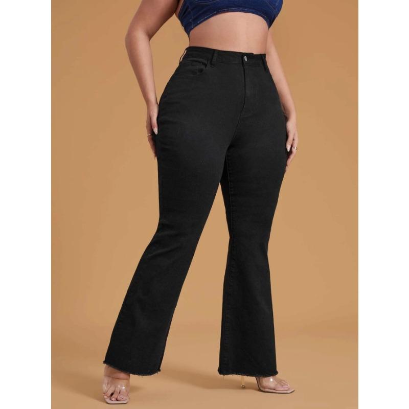 LUMAYA2331 Plus Size Black Stretchy Frayed-hem Wide-leg Flare Jeans