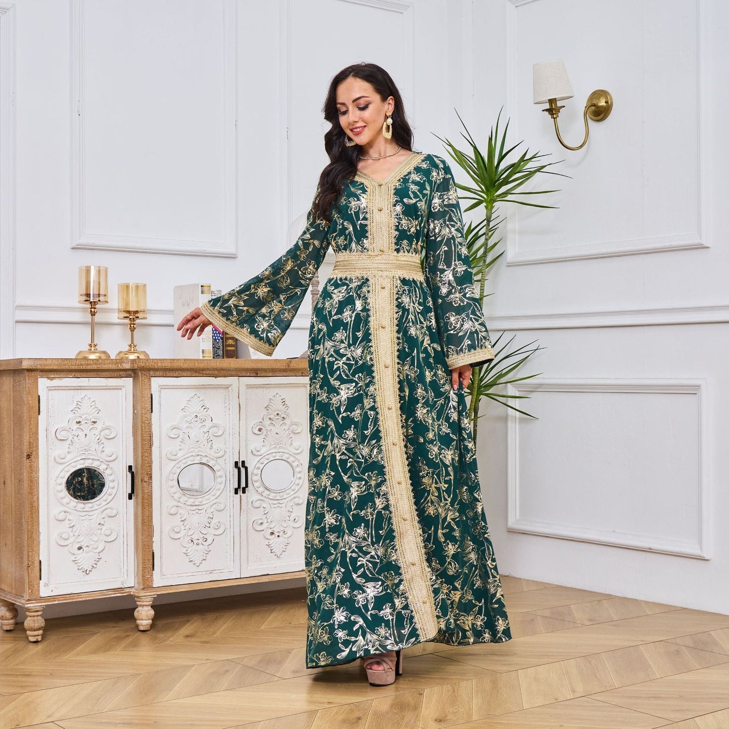 LM1249 Elegant Floral Abaya with Golden Detailing
