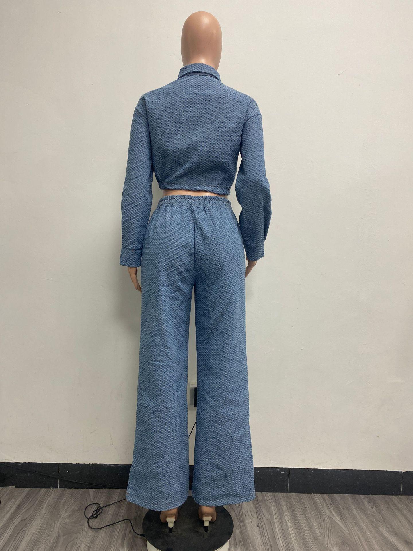 LM6303 Fashion, Long Sleeve Pants, Denim Women's Two-piece Set