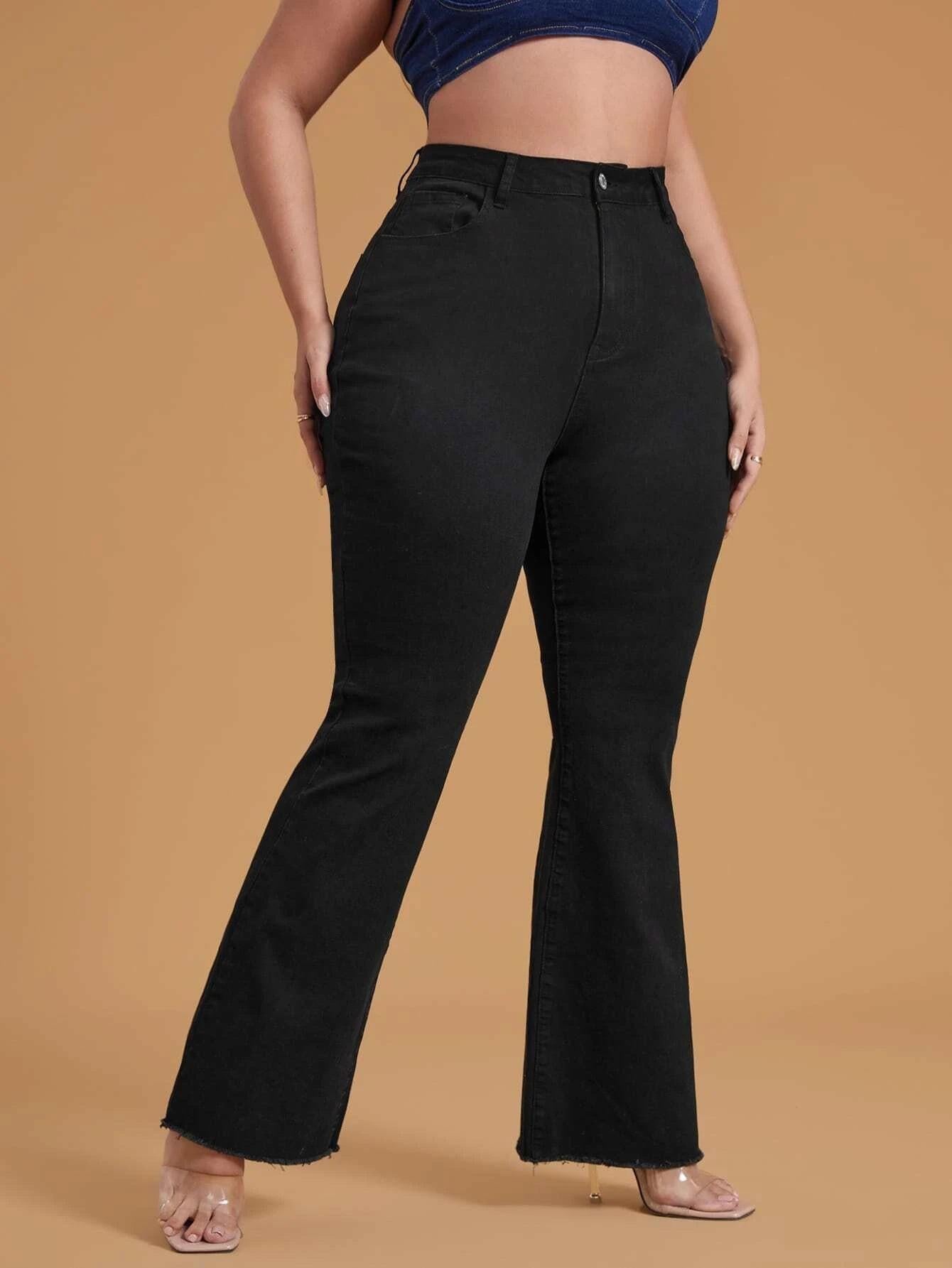LUMAYA2331 Plus Size Black Stretchy Frayed-hem Wide-leg Flare Jeans
