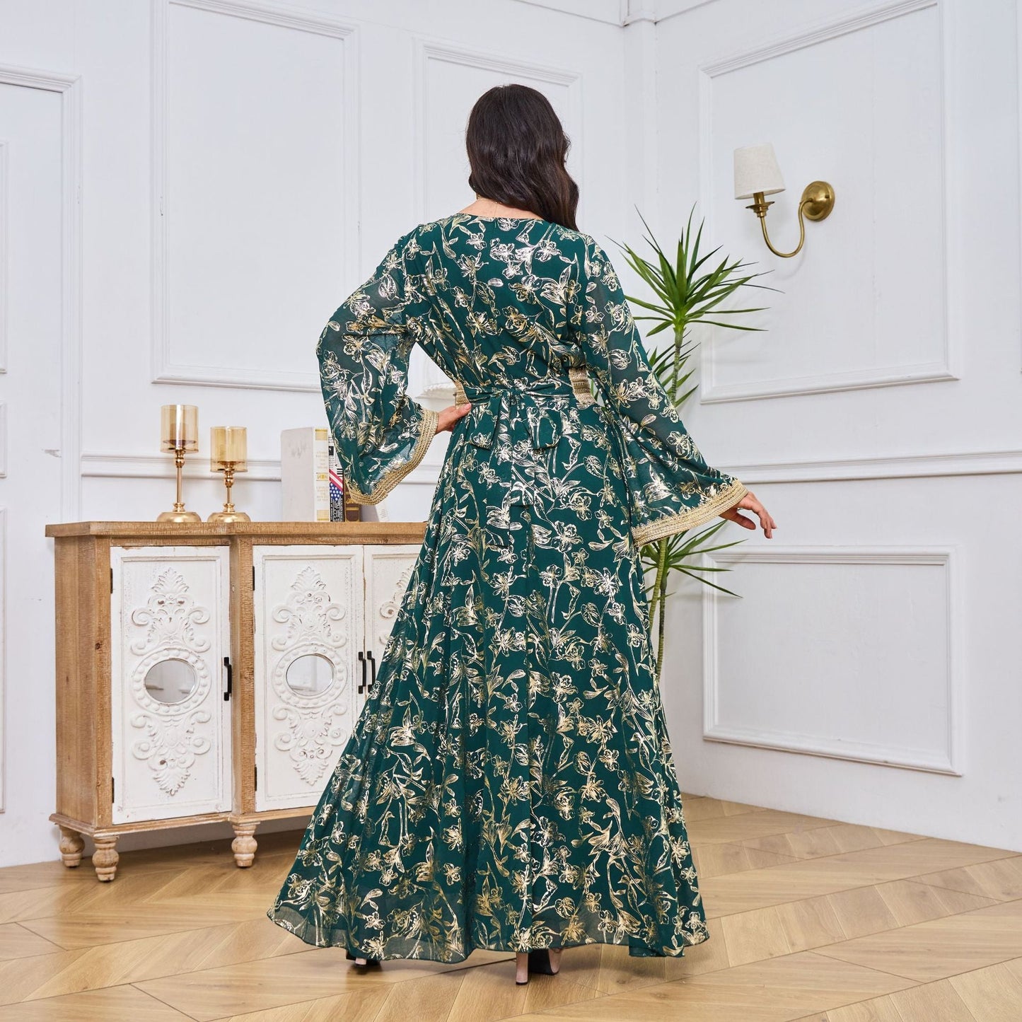 LM1249 Elegant Floral Abaya with Golden Detailing