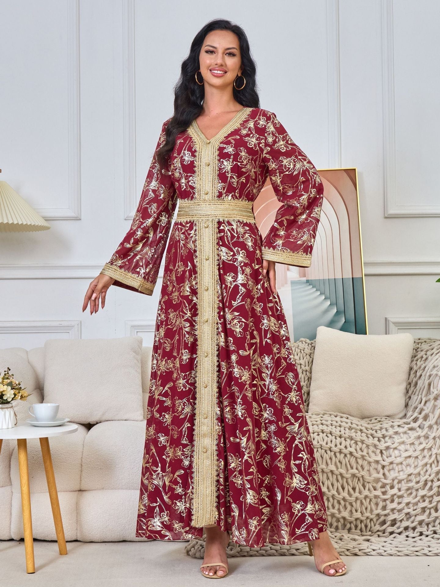 LM1249 Elegant Floral Abaya with Golden Detailing