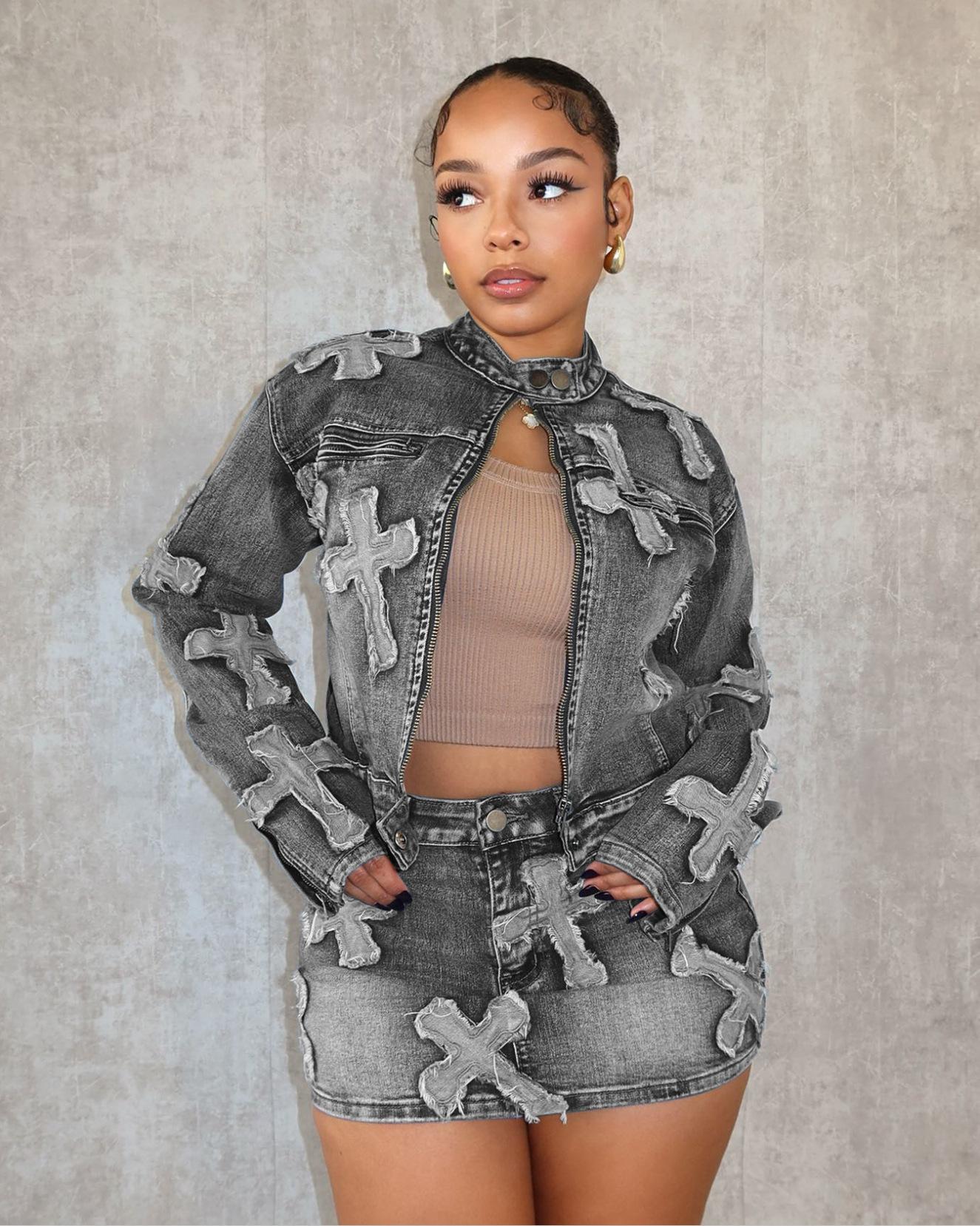 LUMAYA6391 Primavera Nuovo Set Gonna in Denim Set Giacca Gonna Ricamata in Denim