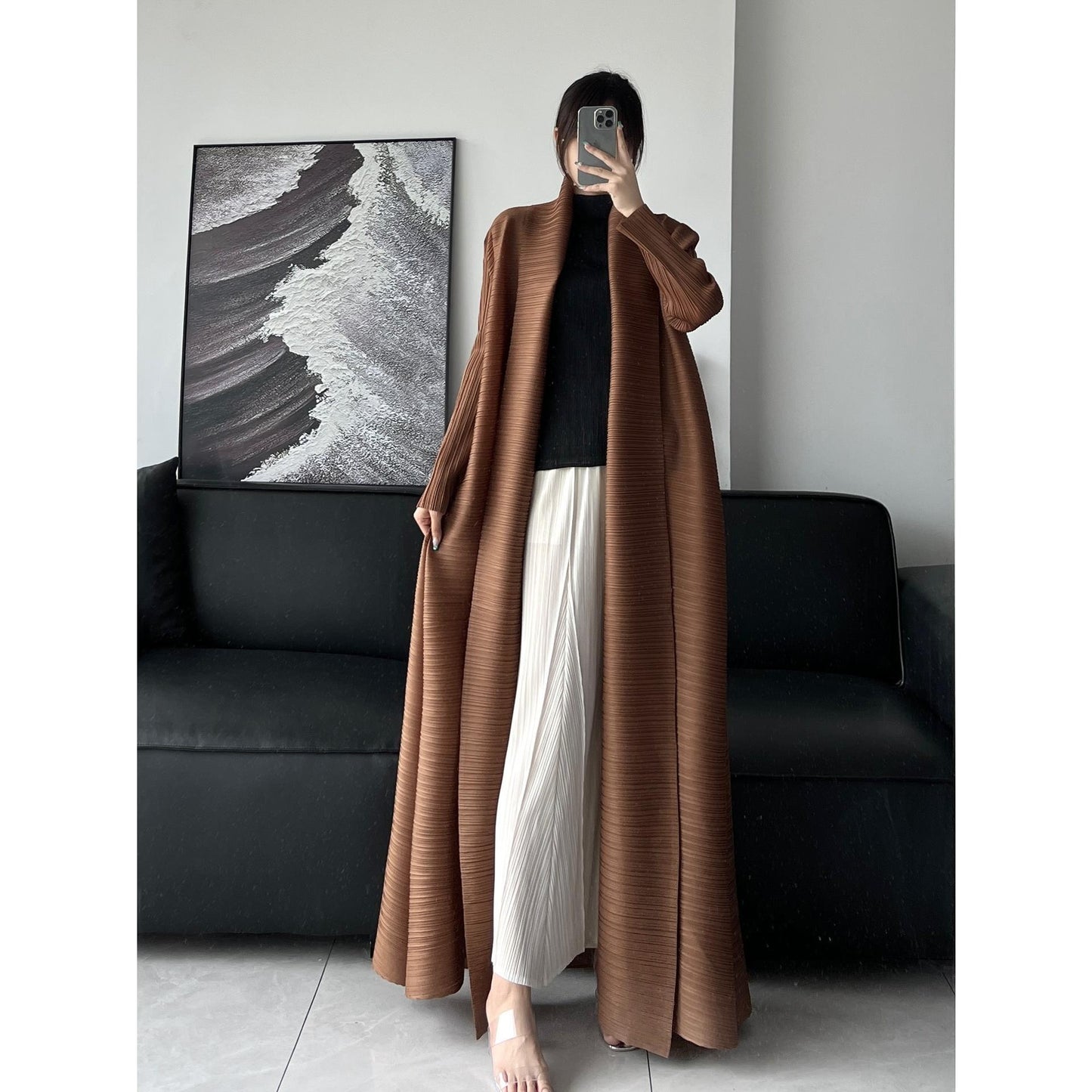 LUMAYA6729 Chocolate Crinkle | Brown Textured Open Abaya