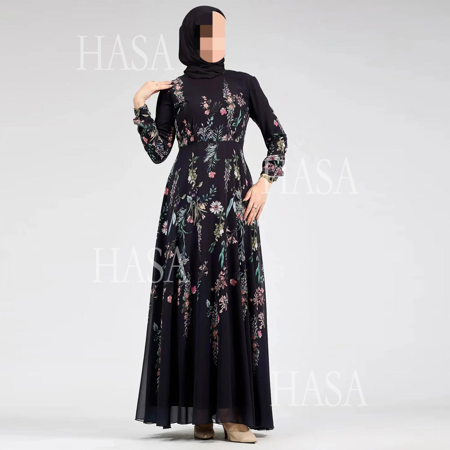 LUMAYA6531 Chiffon Printed Ankle-Length Maxi Dress with Long Sleeves