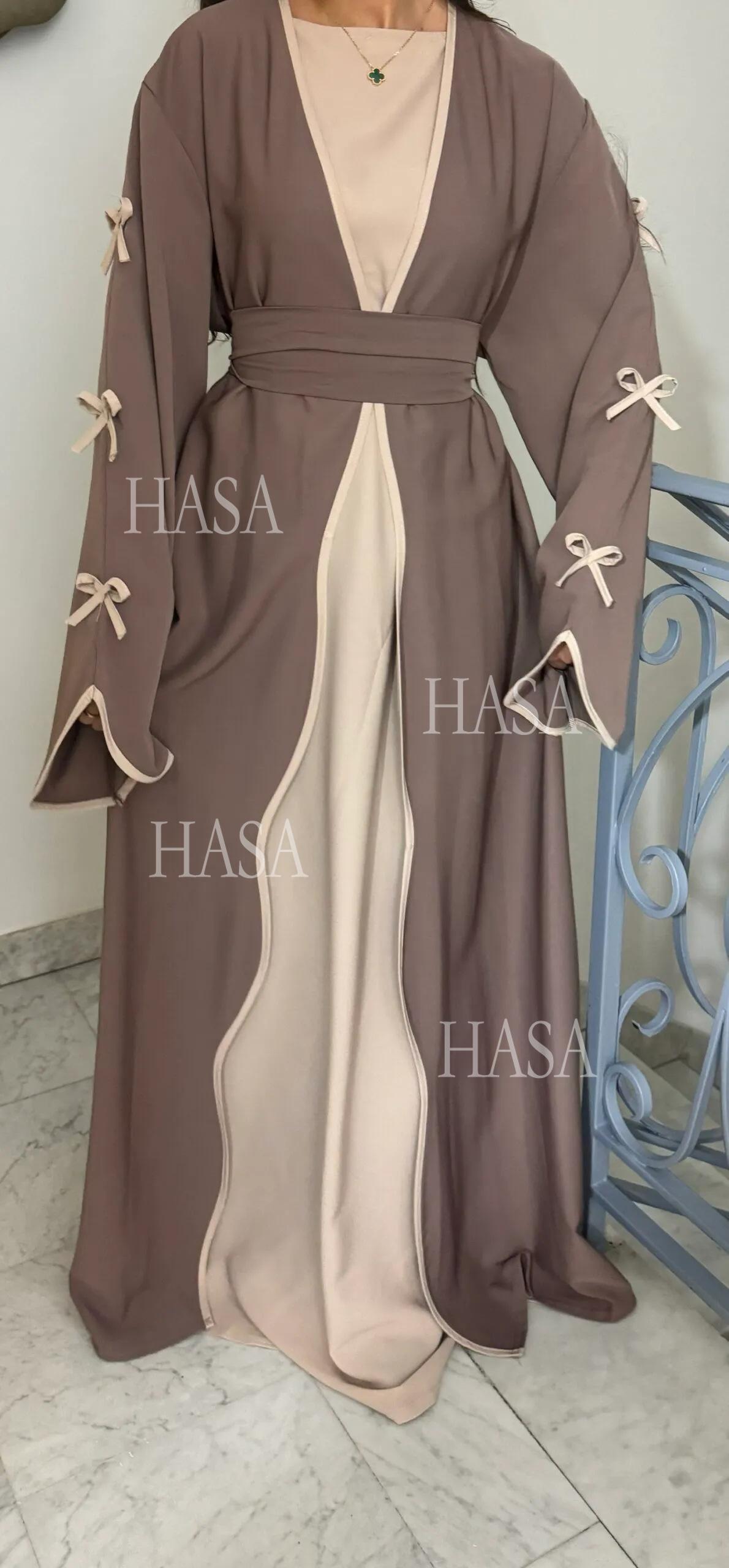 LUMAYA5883  A Two-piece Robe and Skirt Set with A Soft Bow and A Belt Design open abaya outfit
