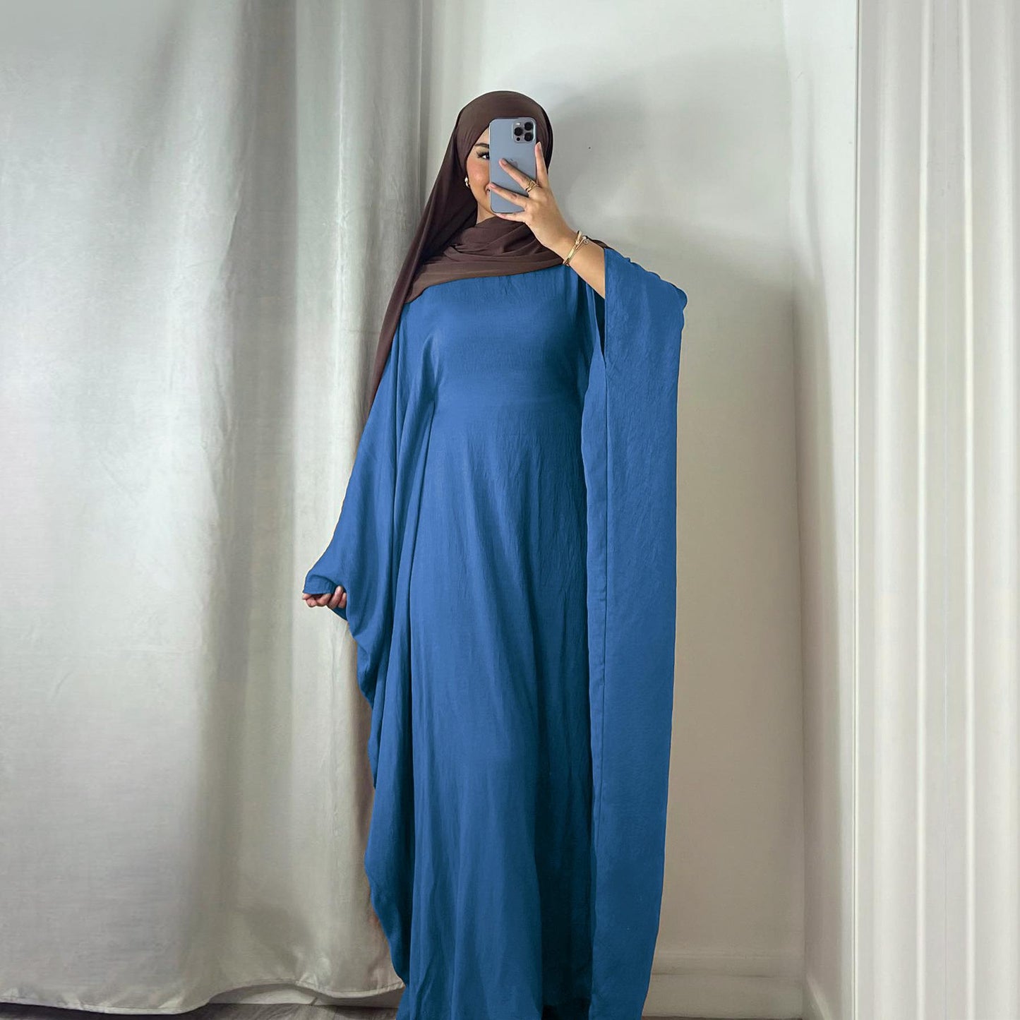 LUMAYA LUMAYA0997 Crepe Kaftan with Built-in Belt Waist Bat Sleeves Dress