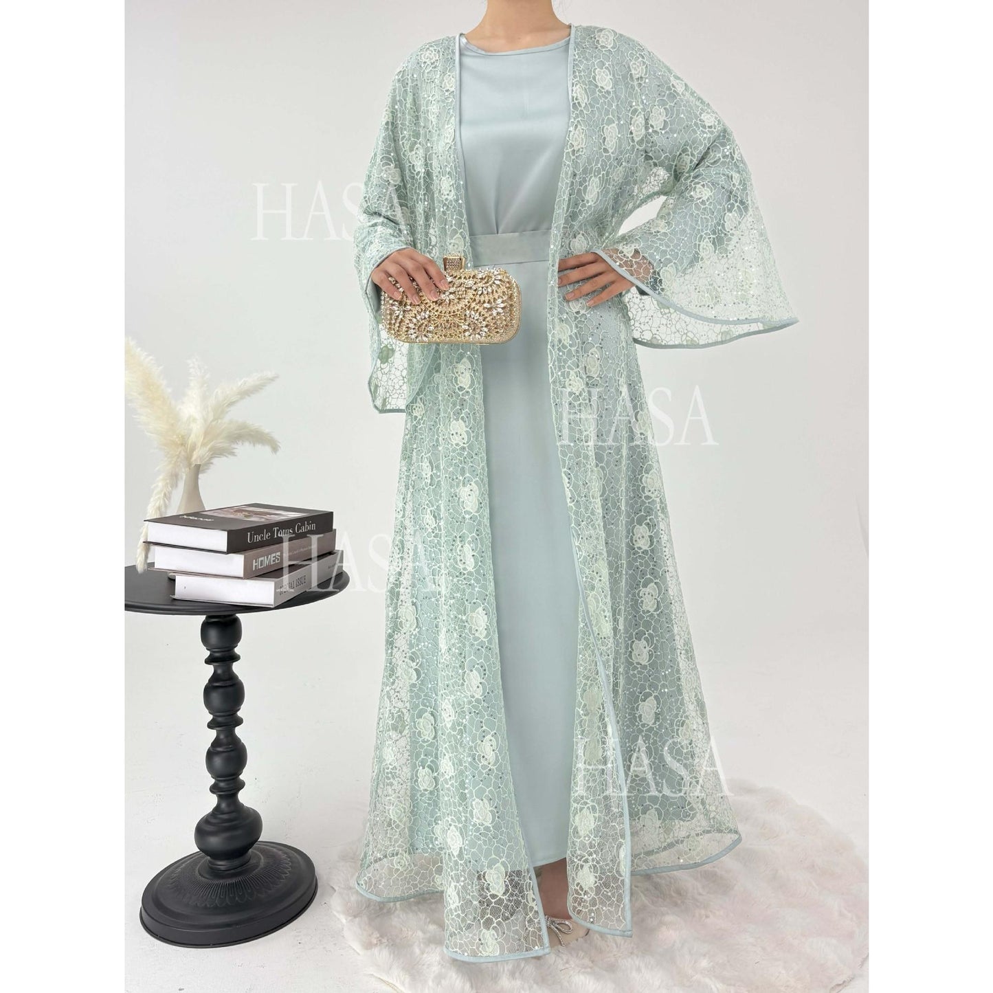 LUMAYA6482 Soft Lace Maxi Dress Set, Simple Loose Design