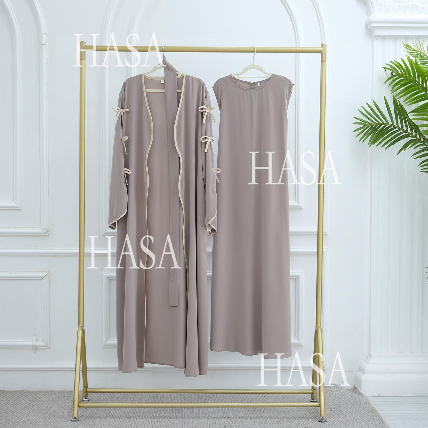 LUMAYA5883  A Two-piece Robe and Skirt Set with A Soft Bow and A Belt Design open abaya outfit