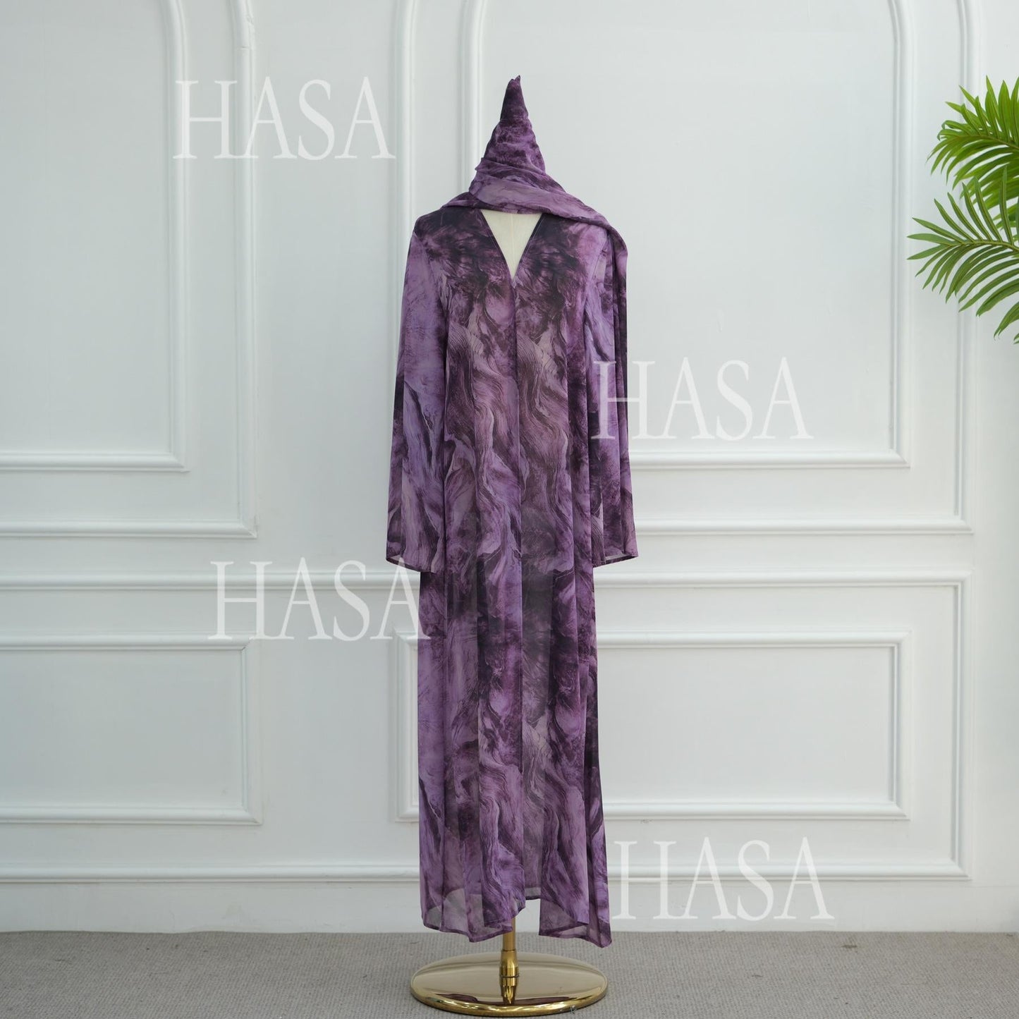 LUMAYA6551 Printed Abaya Cardigan with Matching Scarf Two-Piece Set