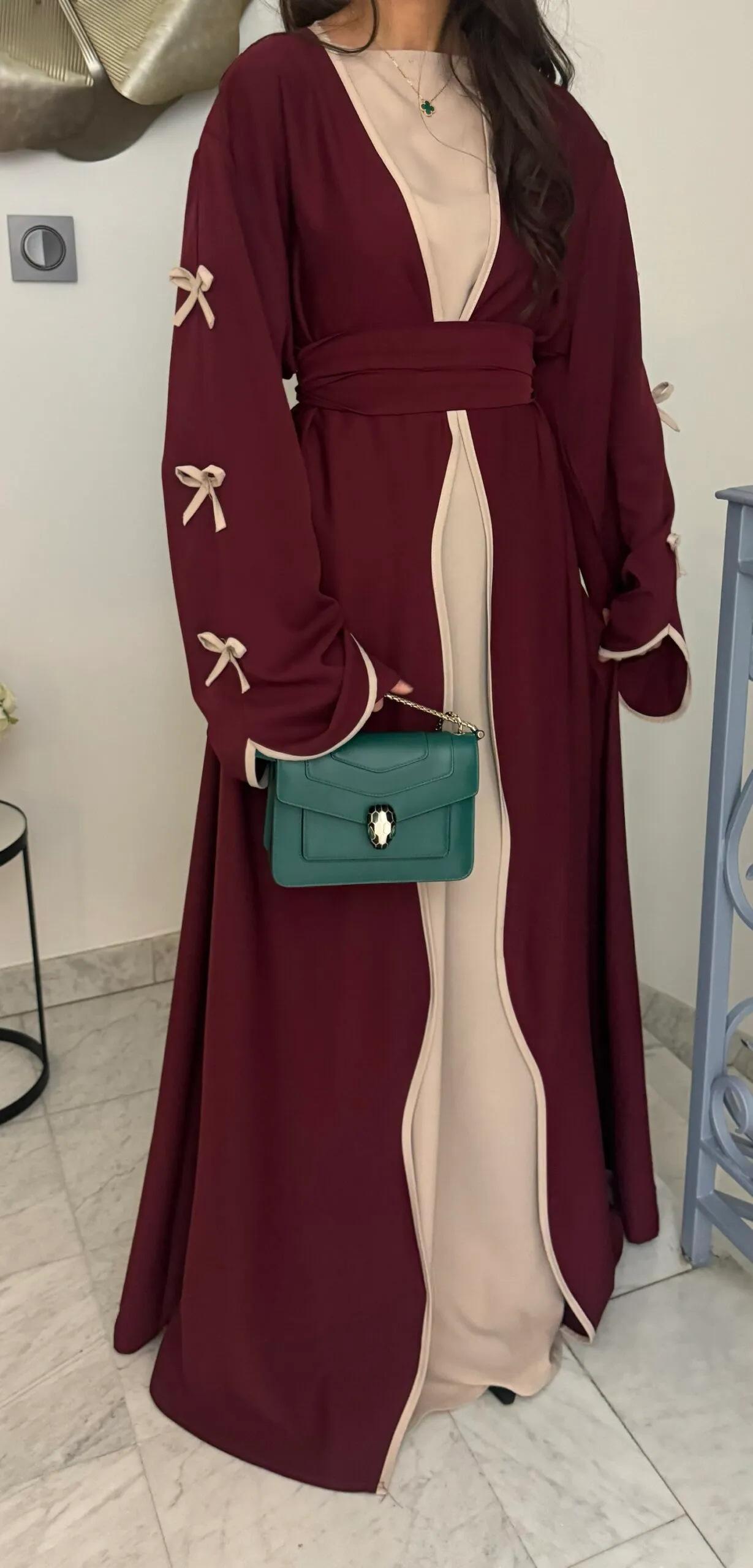 LUMAYA5883  A Two-piece Robe and Skirt Set with A Soft Bow and A Belt Design open abaya outfit