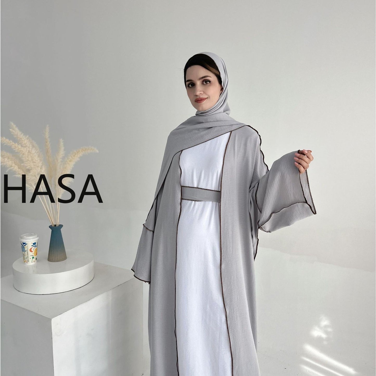 LMSA LM1246H 2 PCS SET Crepe Solid Color Loose Hem Cardigan Robe with Hijab