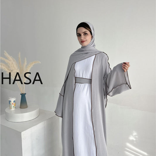 LMSA LM1246H 2 PCS SET Crepe Solid Color Loose Hem Cardigan Robe with Hijab