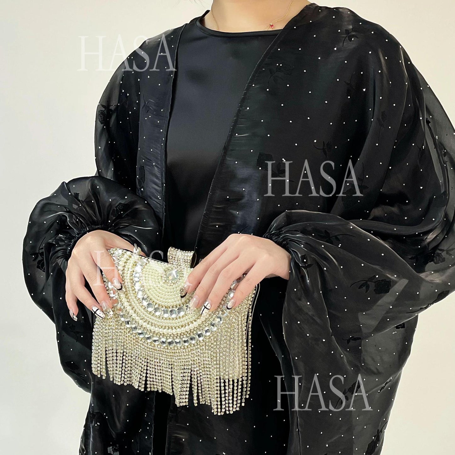 LUMAYA6536 Elegant Rose Pattern Abaya Outer Dress Set