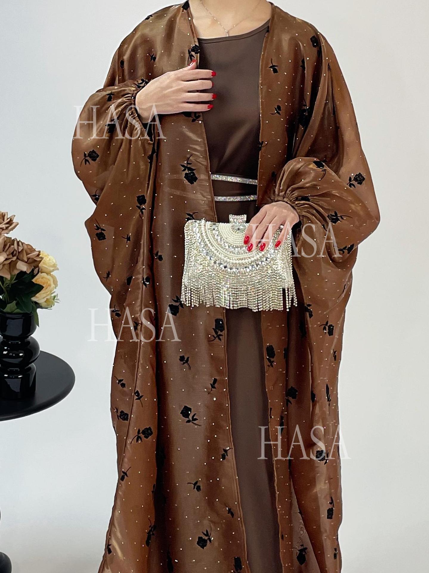 LUMAYA6536 Elegant Rose Pattern Abaya Outer Dress Set