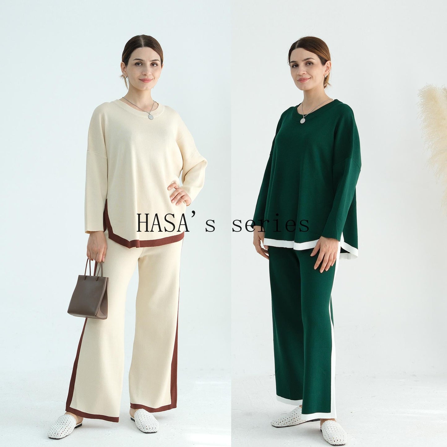 LUMAYA5149 Simple and elegant knitted set, featuring a loose-fitting, thick, long-sleeved two-piece design.
