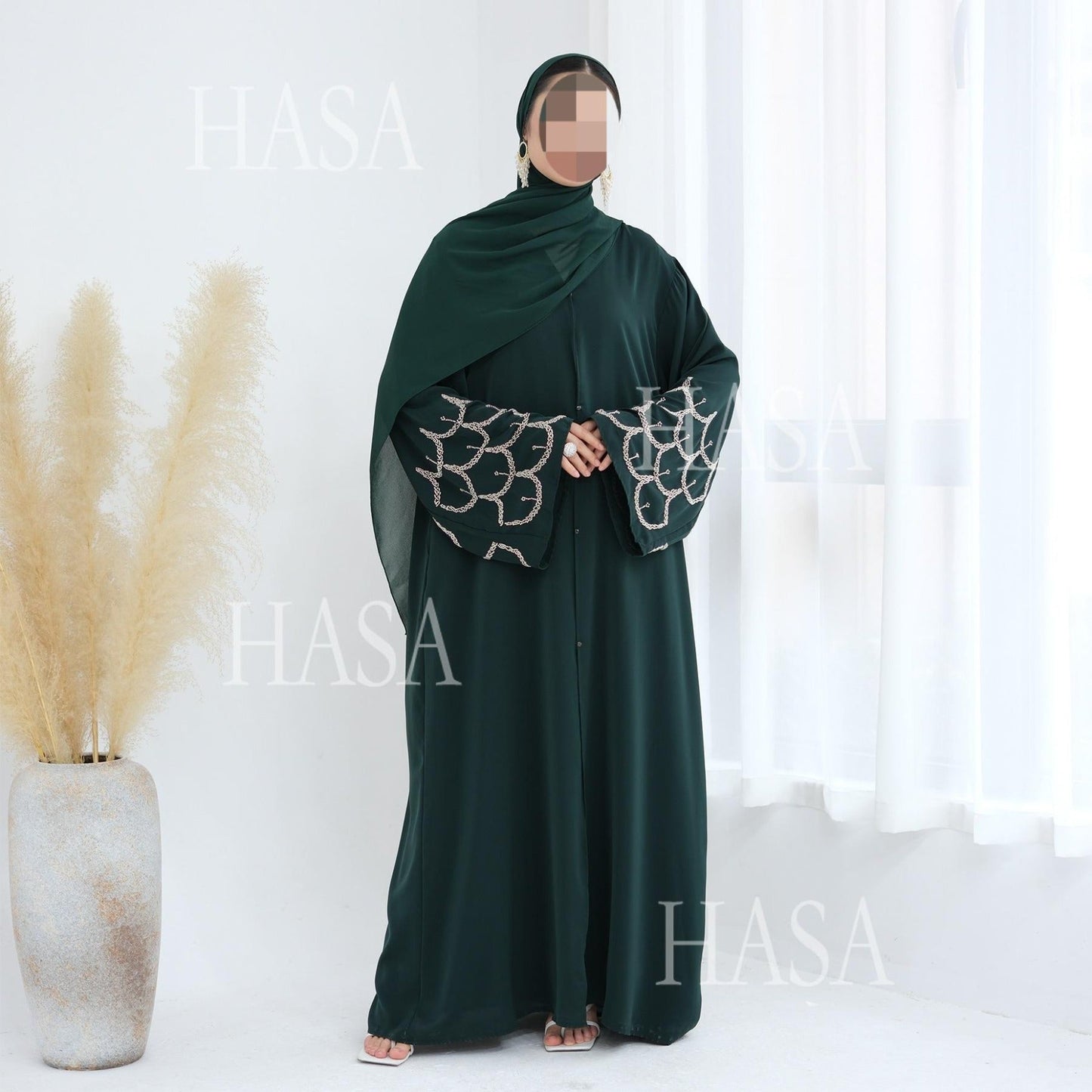 LM6608 Solid Color LMnd-beaded Long Cardigan (headscarf Not Included)
