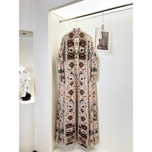 LUMAYA6719 Blush Tapestry  Pink Abaya with Intricate Traditional Prints