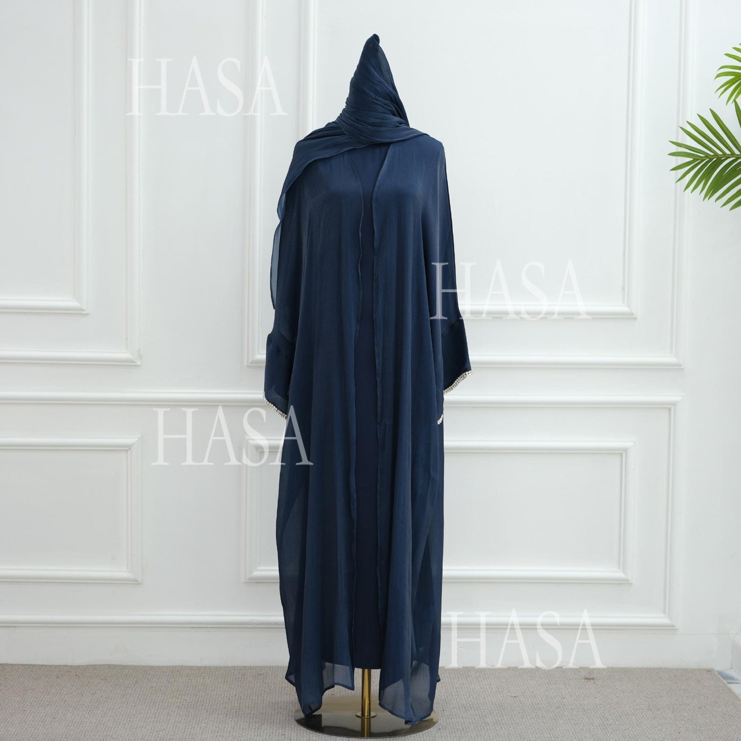 LUMAYA6553  Two-Piece Solid Abaya with Beaded Details and Matching Scarf Option