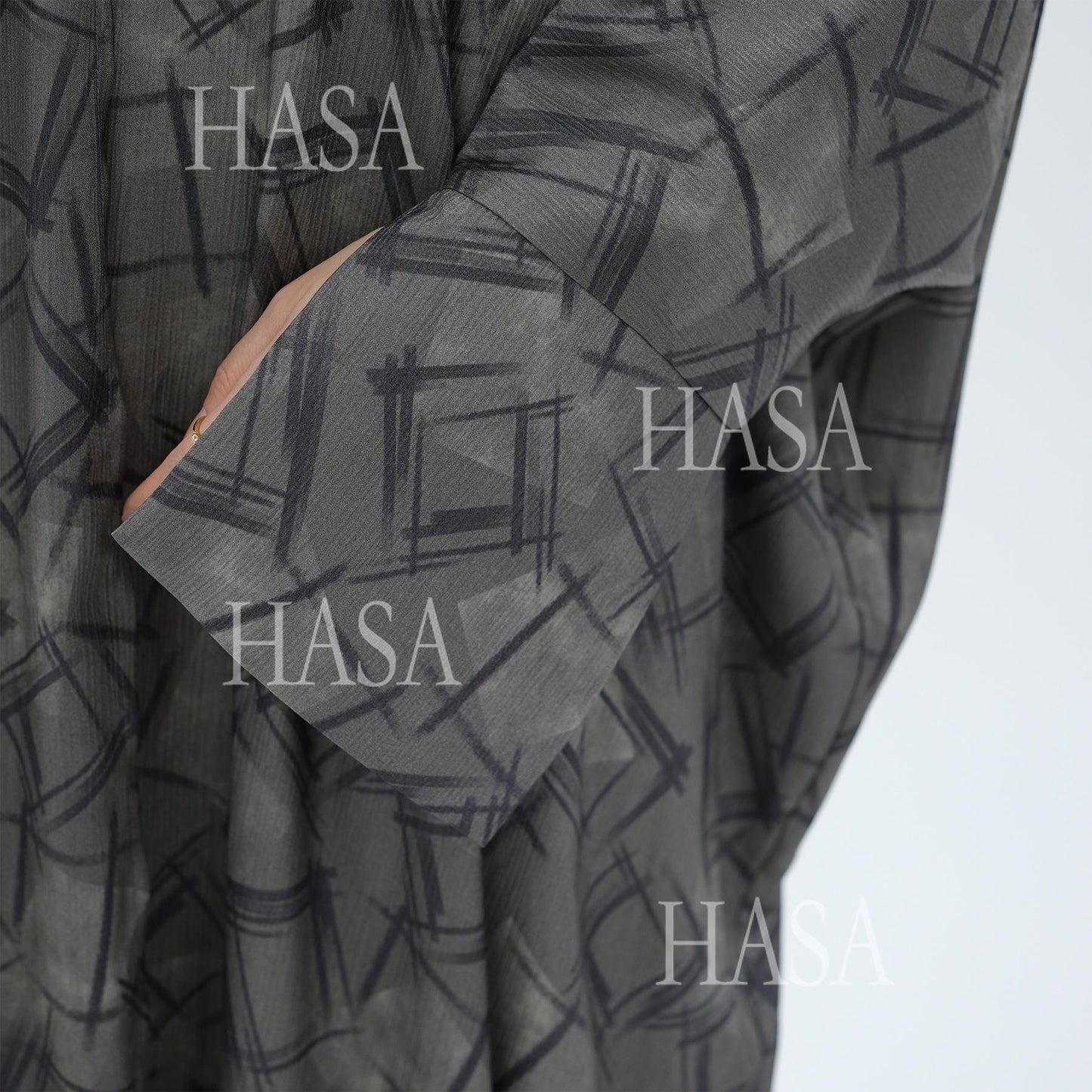 LUMAYA6504 Grey geometric print long cardigan Abaya (headscarf not included)